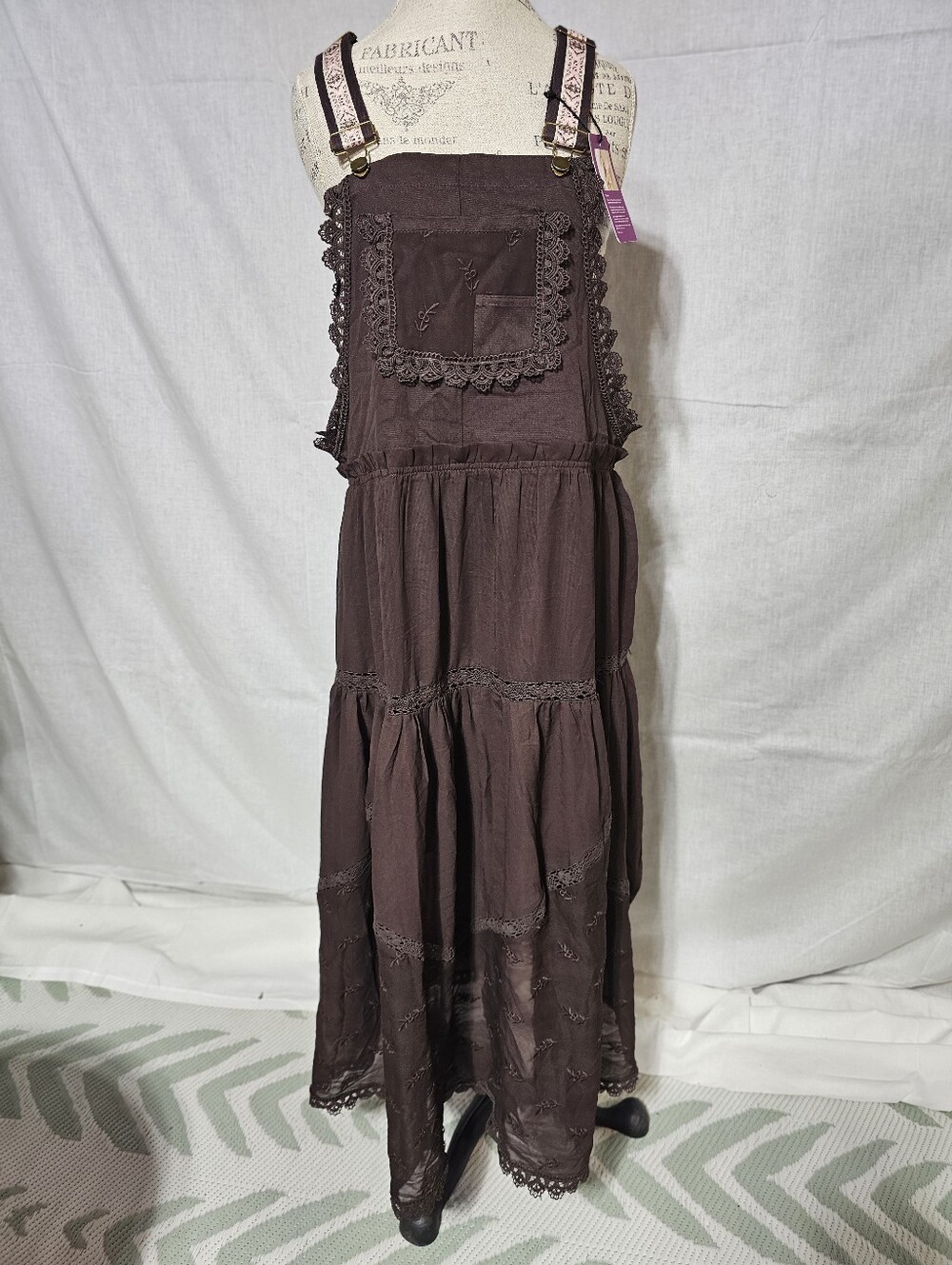 Brown Boho Tiered Maxi Pinafore Dress with Lace Trim